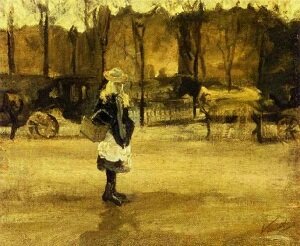 Винсент Ван Гог ранние работы Девочка на улице и две повозки на заднем плане 1882г